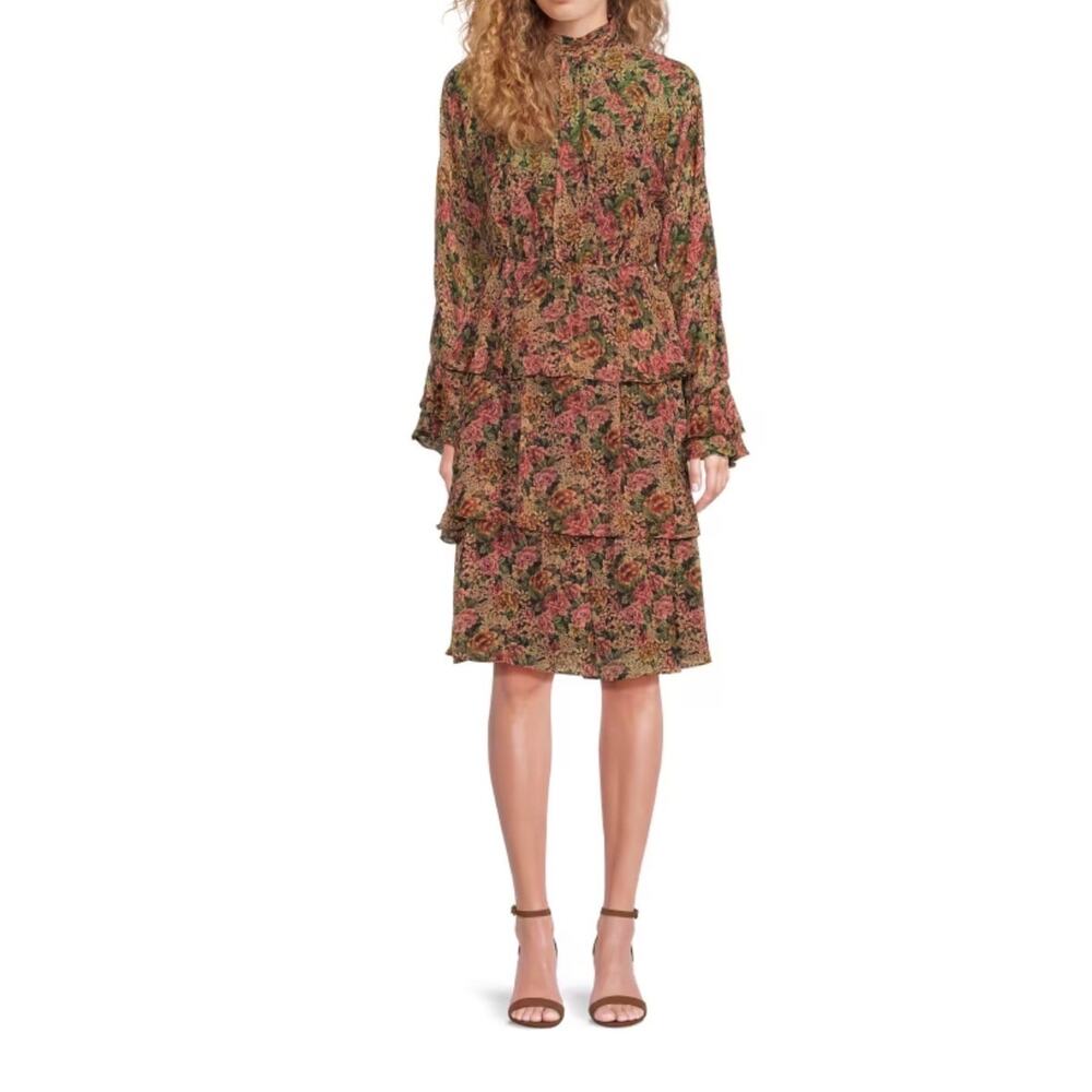 Mikael Aghal Floral Tiered Midi Dress Boho Romantic Chiffon Sheer Long Sleeve